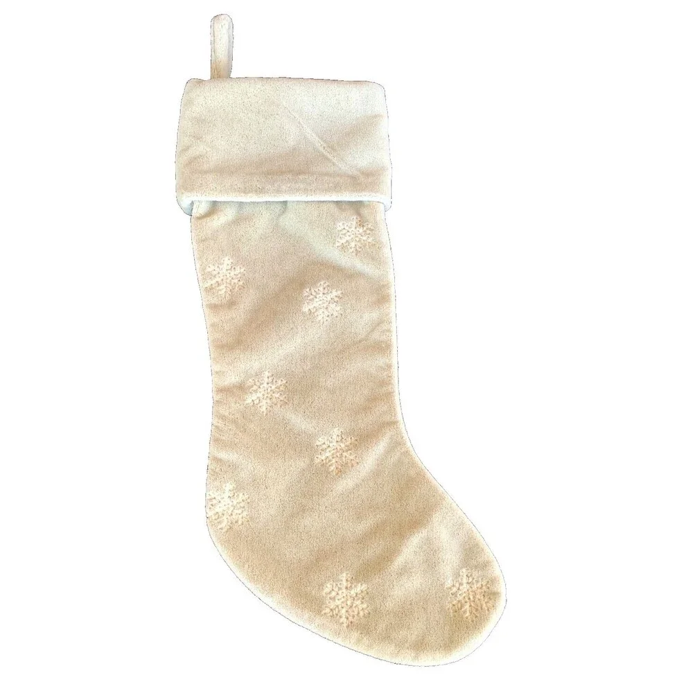NEW Crate and Barrel Ivory Faux Mohair Velveteen Stocking 21” Snowflake Neutral